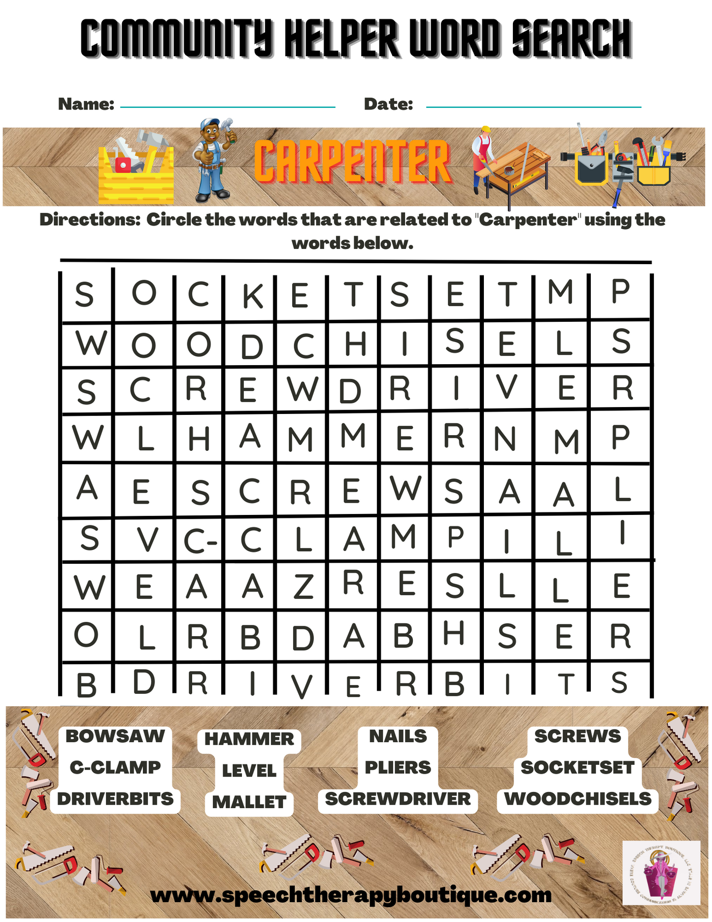 Community Helper Word Search A-Z Digital Worksheets
