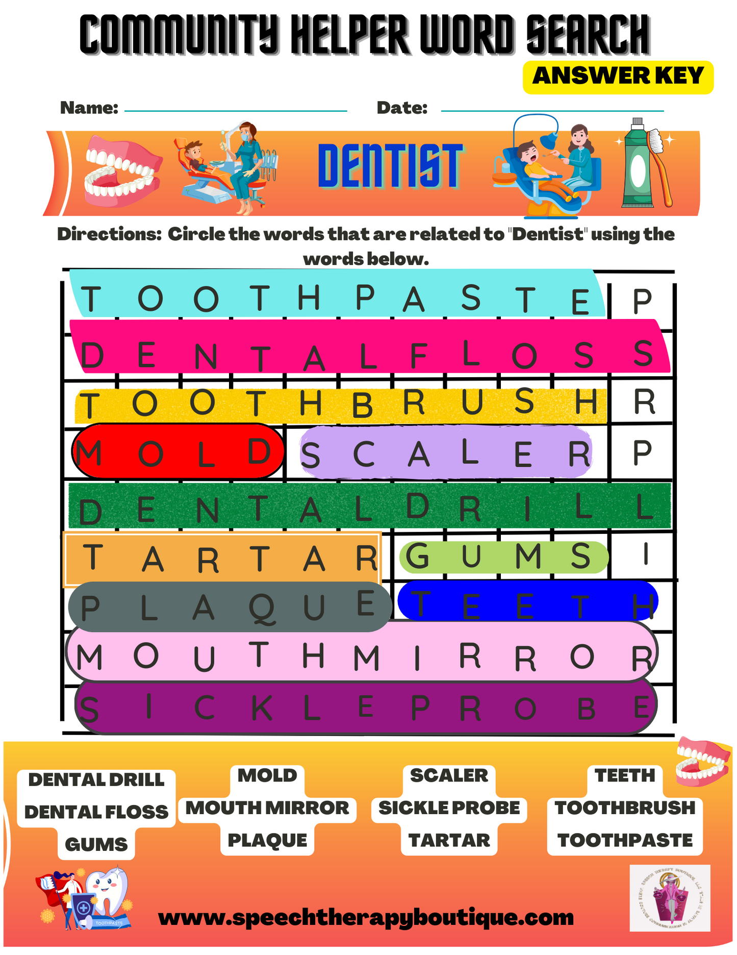 Answer Key for Community Helper Word Search A-Z (Digital Worksheets)