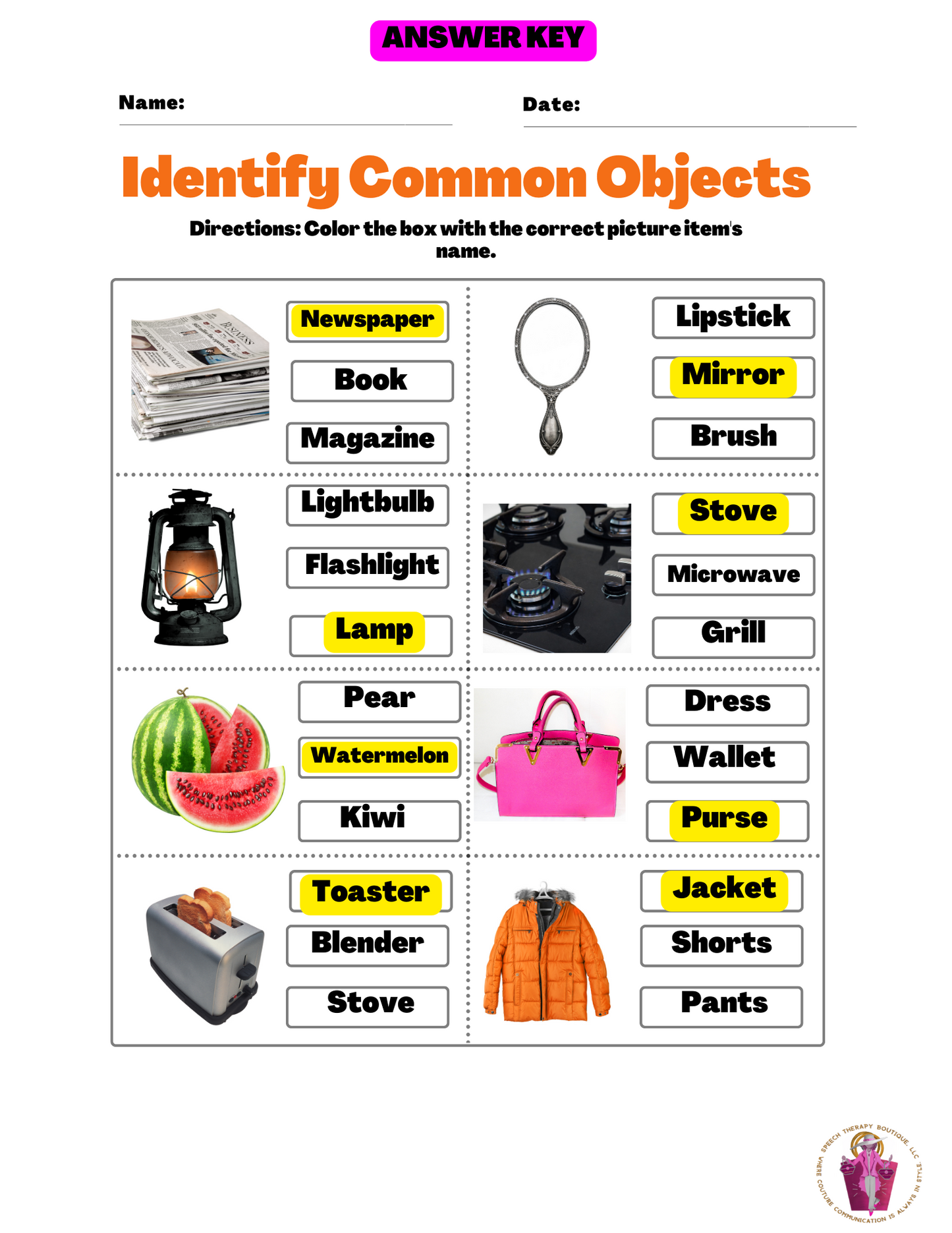 Do You Recognize Me? Common Objects: Digital Worksheets
