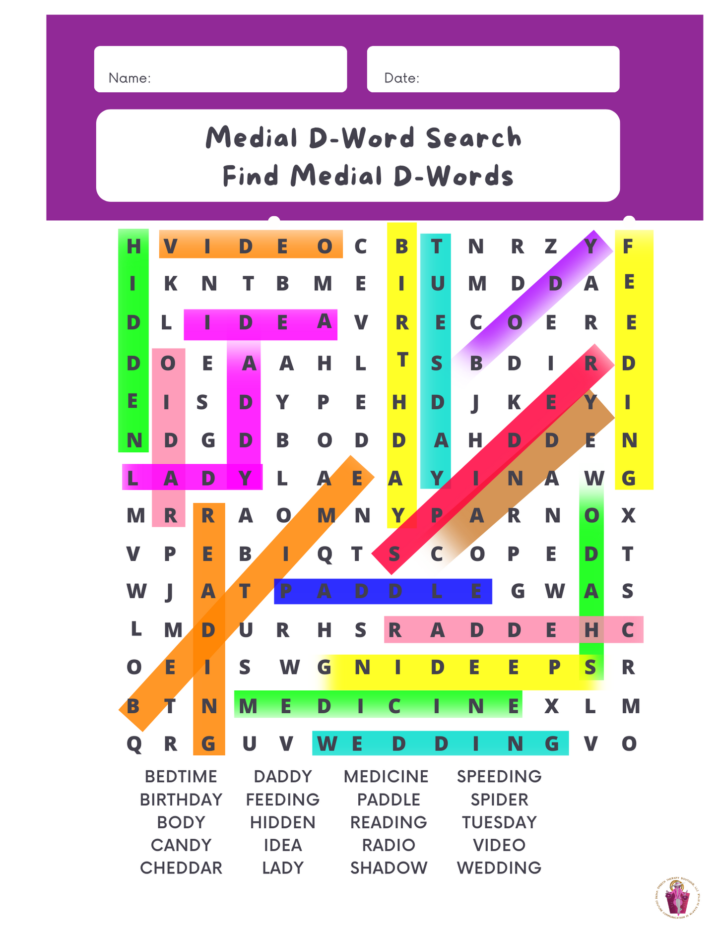 Answer Key: Articulation Word Search (Digital Worksheets) for Sounds: B, D, F, G, K, L, L-Blends, M & N
