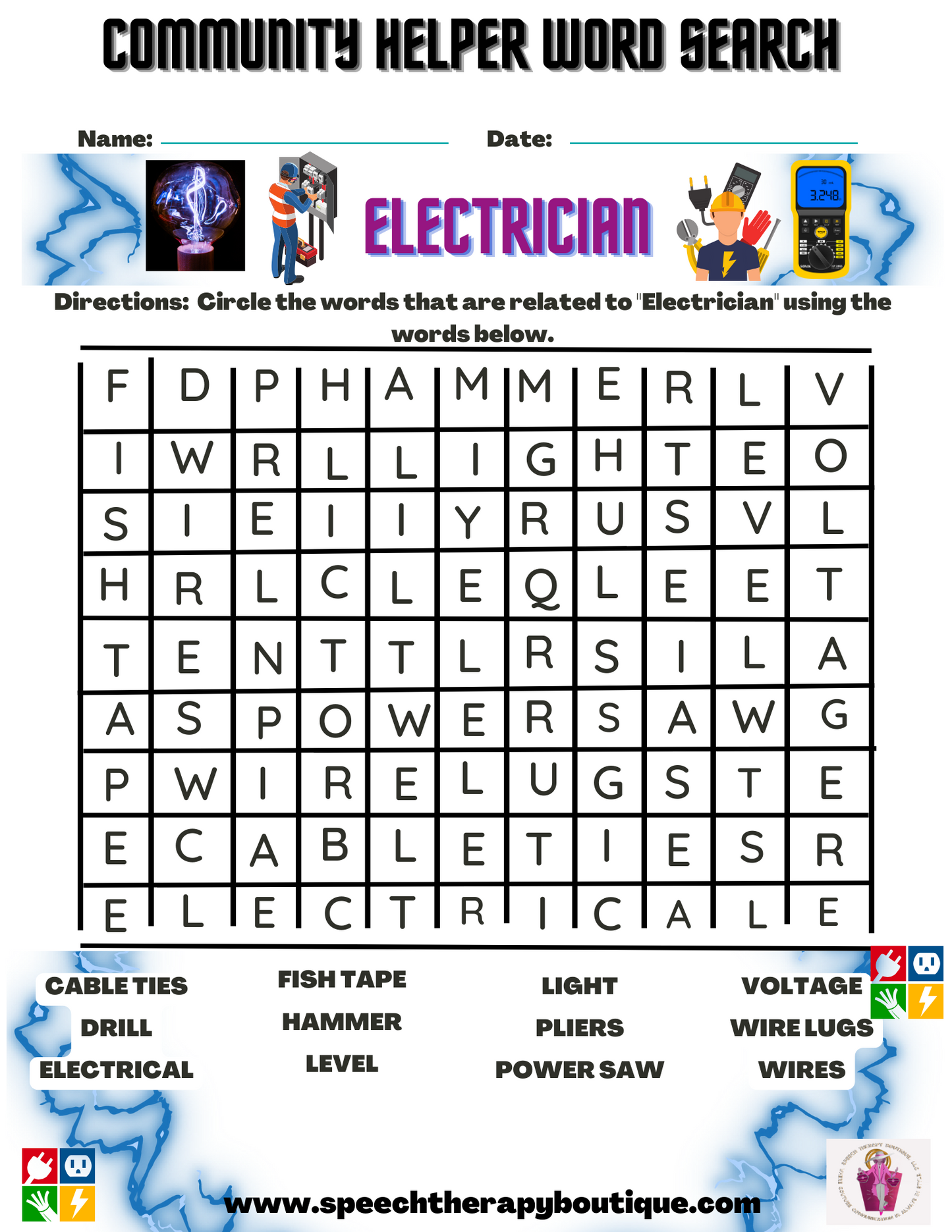 Community Helper Word Search A-Z Digital Worksheets