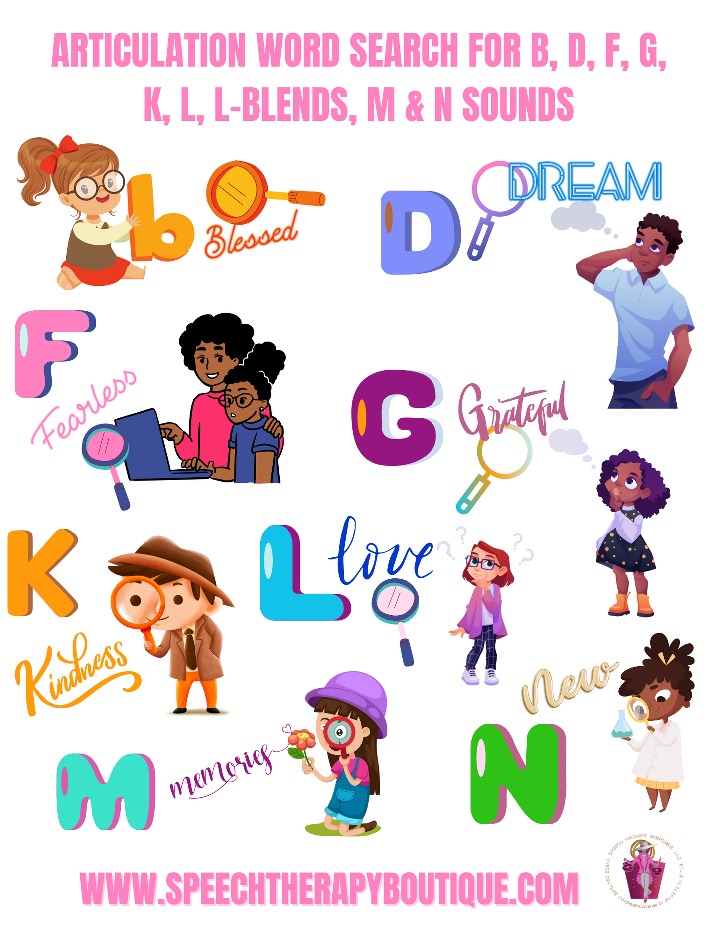 Articulation Word Search Digital Worksheets for Sounds: B, D, F, G, K, L, L-Blends, M & N