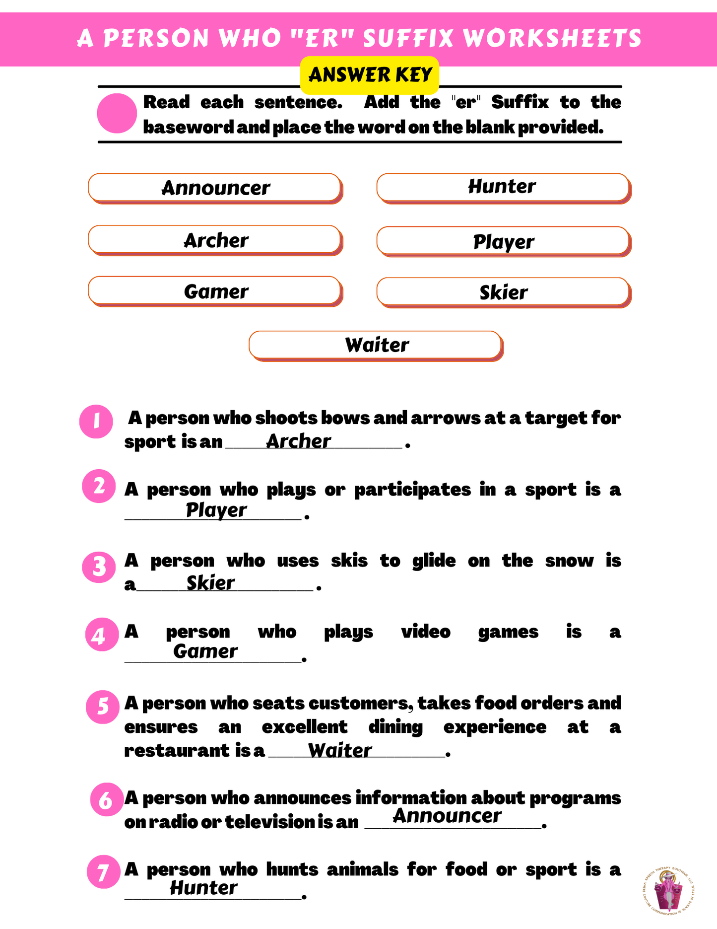 Who Are You? Suffix: "er" (A Person Who) Digital Worksheets