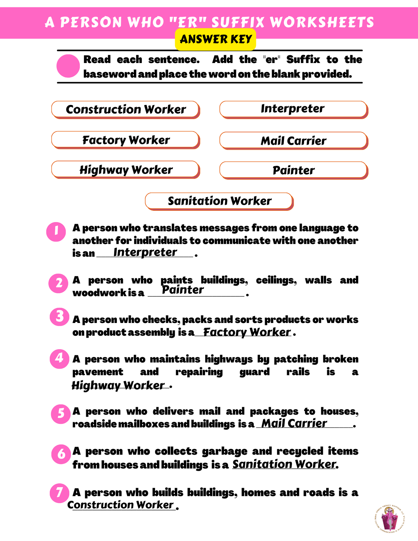 Who Are You? Suffix: "er" (A Person Who) Digital Worksheets