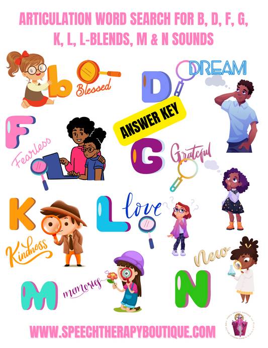 Answer Key: Articulation Word Search (Digital Worksheets) for Sounds: B, D, F, G, K, L, L-Blends, M & N