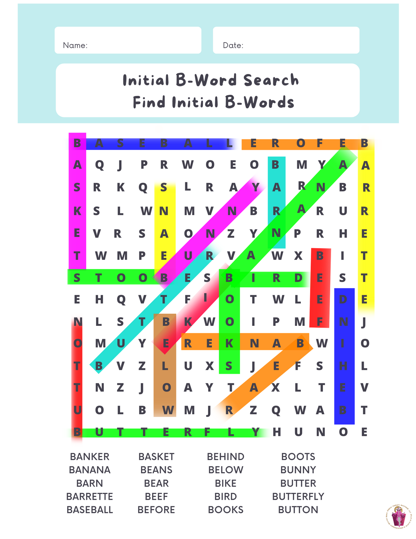 Answer Key: Articulation Word Search (Digital Worksheets) for Sounds: B, D, F, G, K, L, L-Blends, M & N