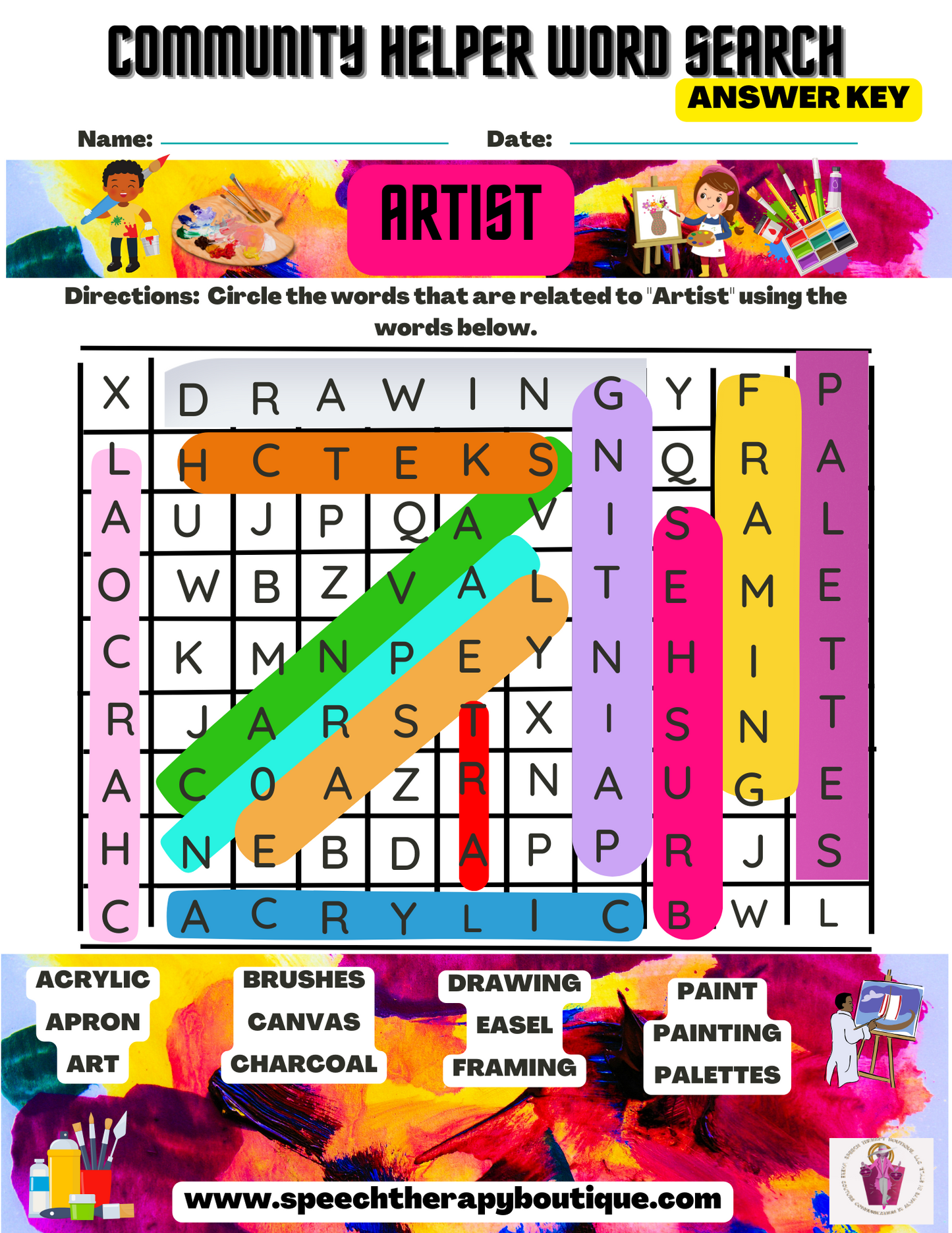 Answer Key for Community Helper Word Search A-Z (Digital Worksheets)