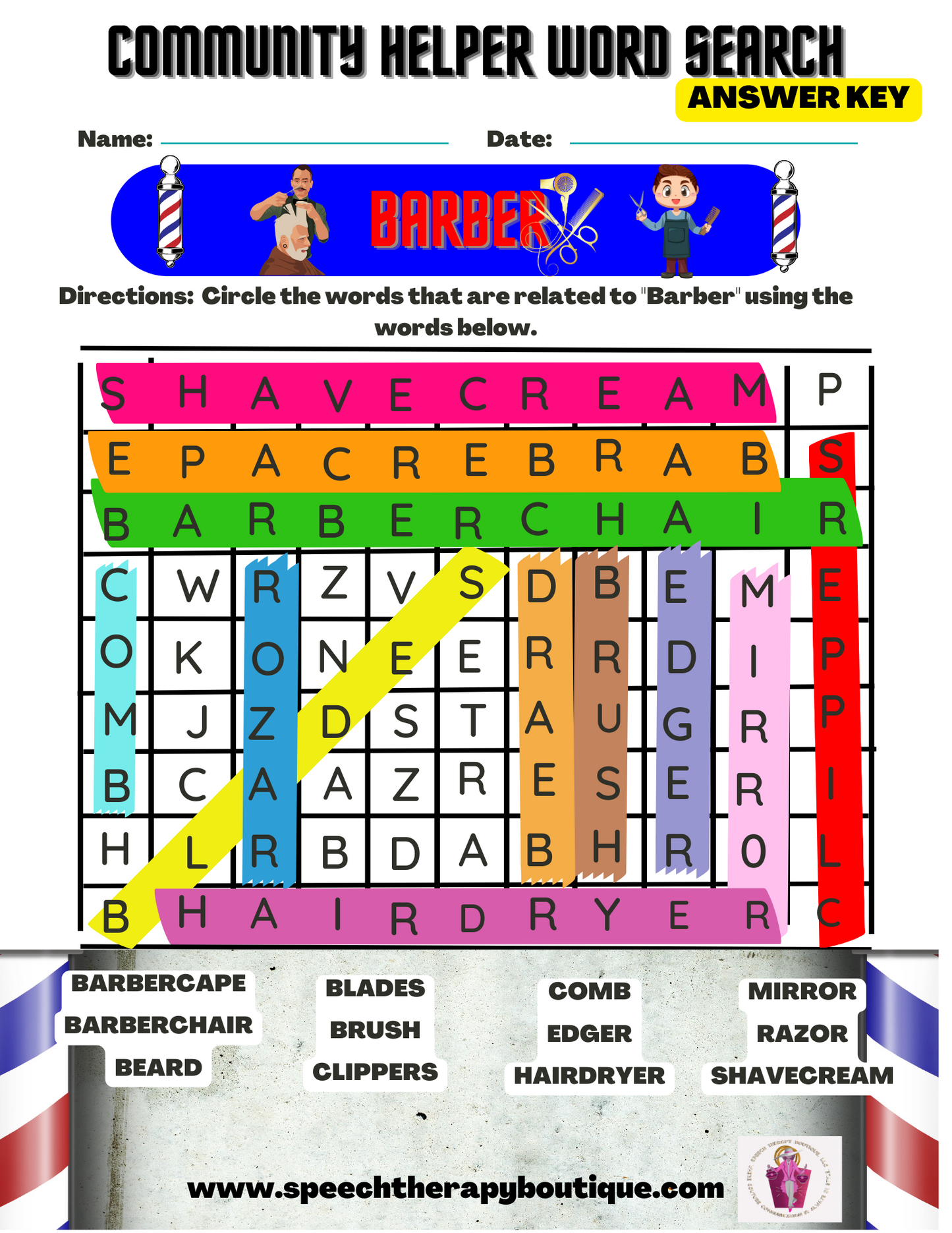 Answer Key for Community Helper Word Search A-Z (Digital Worksheets)
