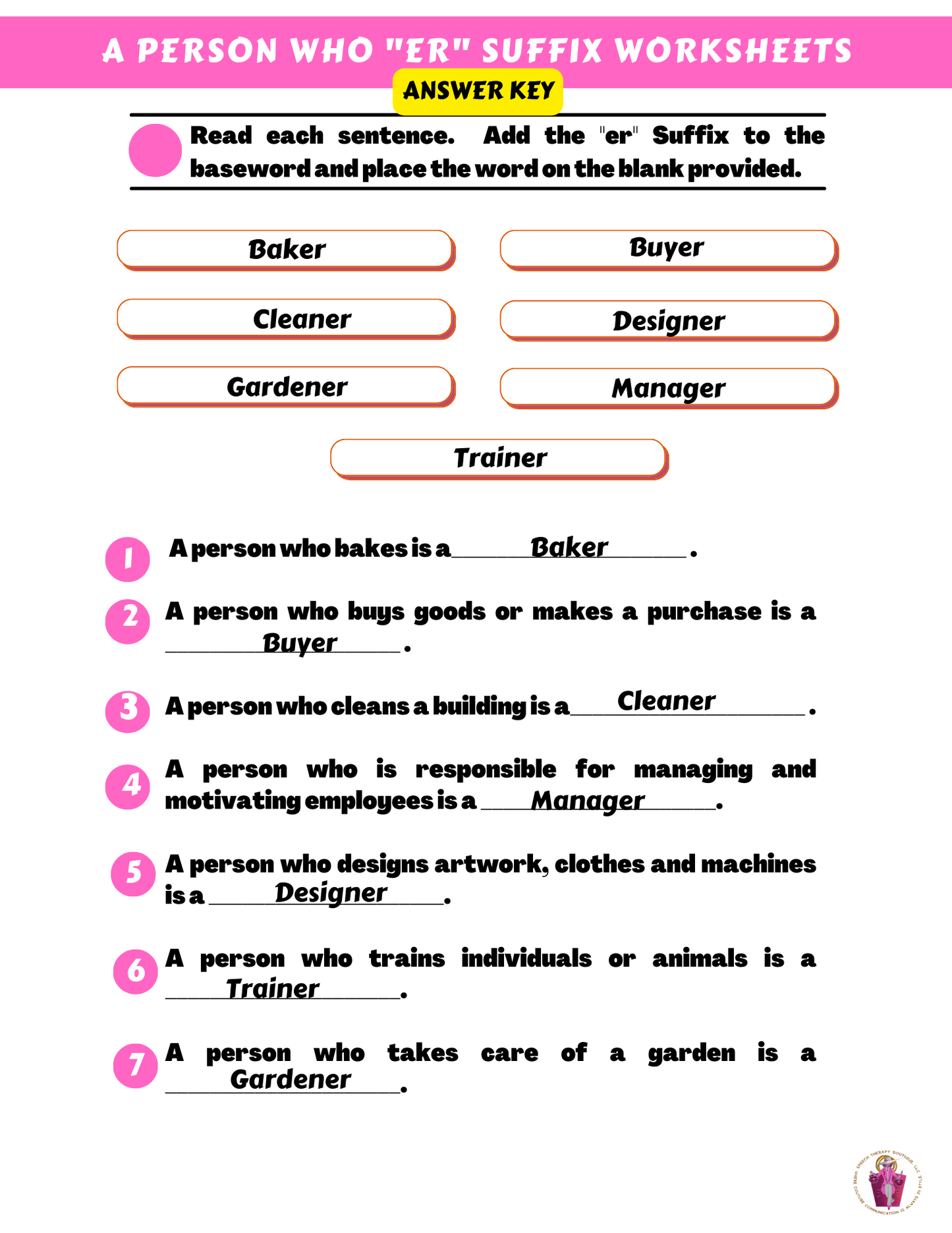 Who Are You? Suffix: "er" (A Person Who) Digital Worksheets