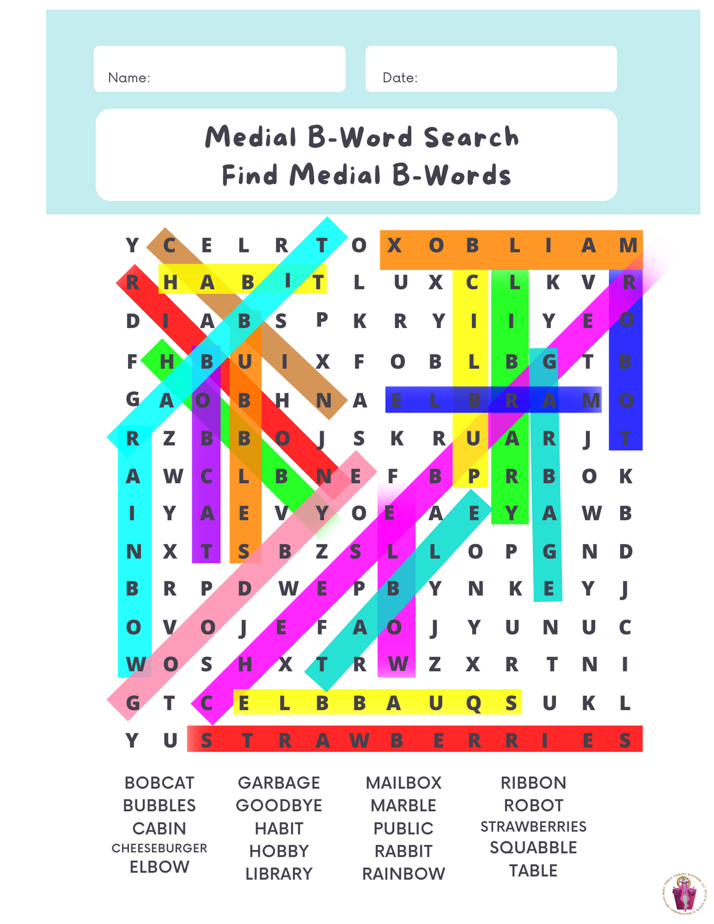 Answer Key: Articulation Word Search (Digital Worksheets) for Sounds: B, D, F, G, K, L, L-Blends, M & N