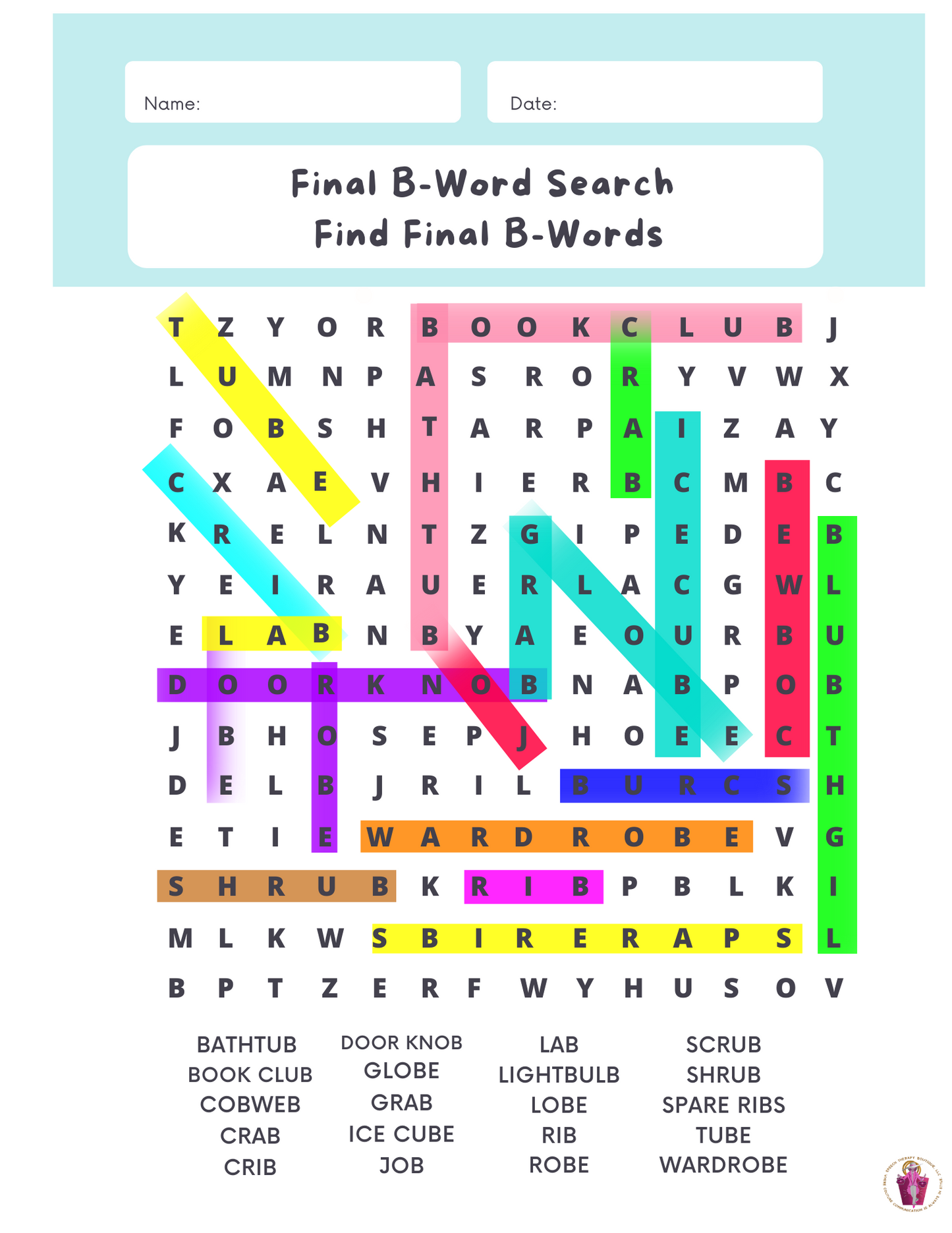 Answer Key: Articulation Word Search (Digital Worksheets) for Sounds: B, D, F, G, K, L, L-Blends, M & N