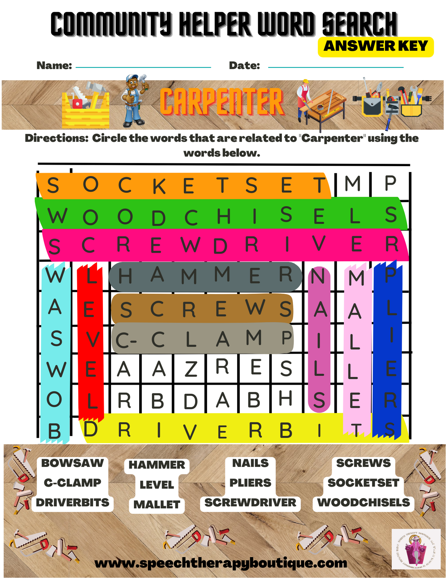 Answer Key for Community Helper Word Search A-Z (Digital Worksheets)