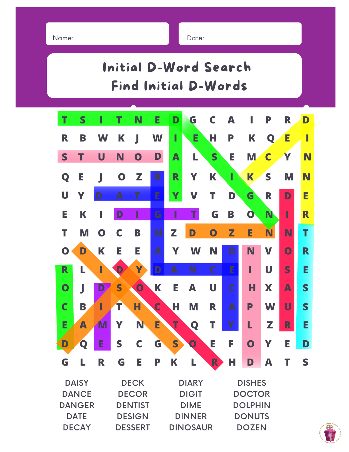 Answer Key: Articulation Word Search (Digital Worksheets) for Sounds: B, D, F, G, K, L, L-Blends, M & N