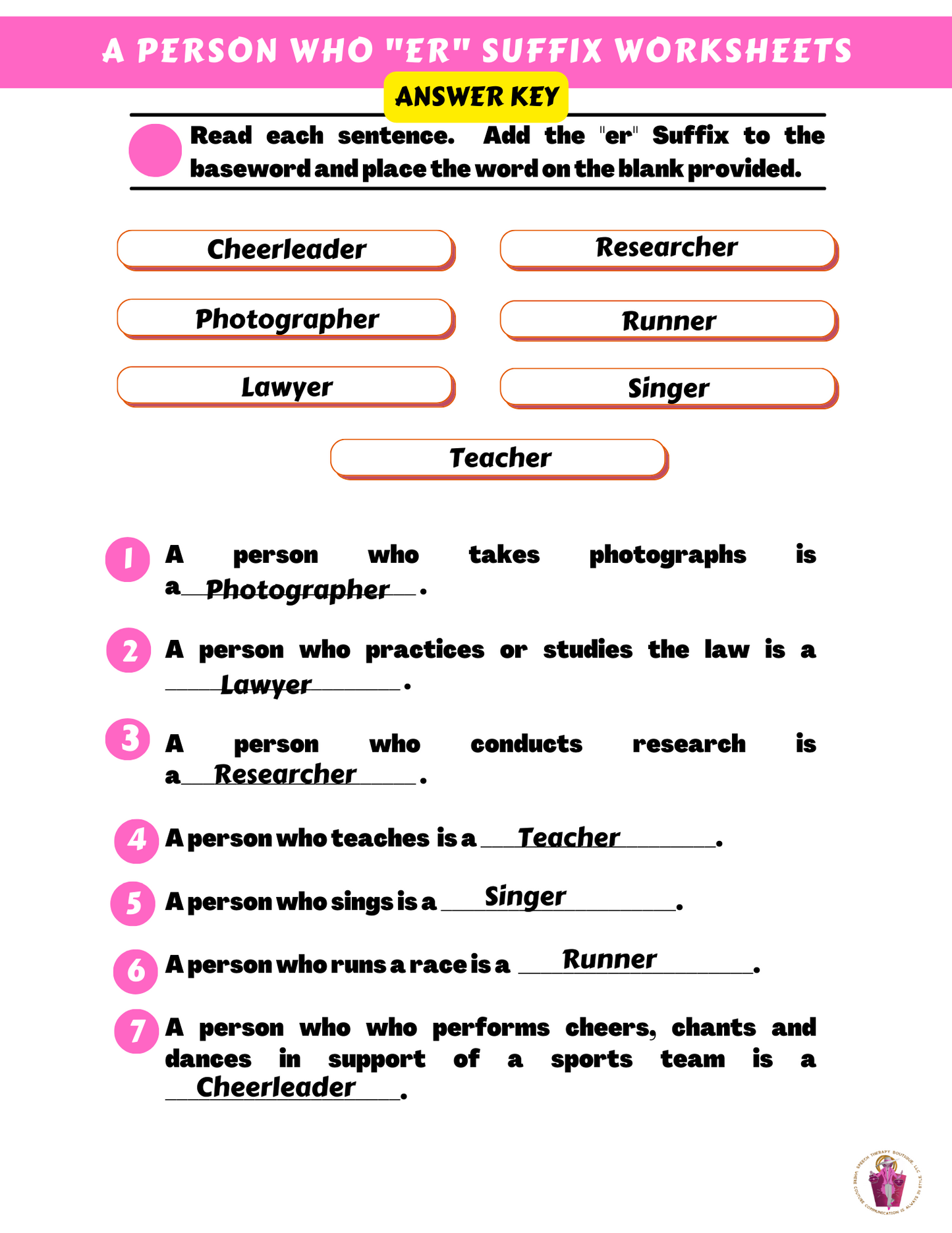 Who Are You? Suffix: "er" (A Person Who) Digital Worksheets