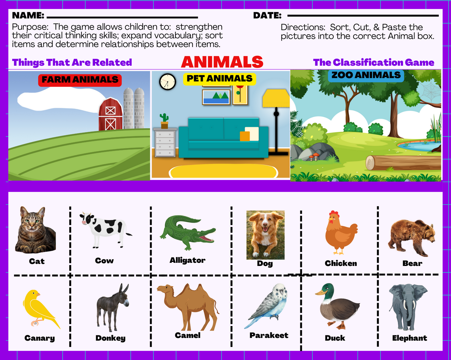 Animals - Classification Game: Things that are related! Worksheets