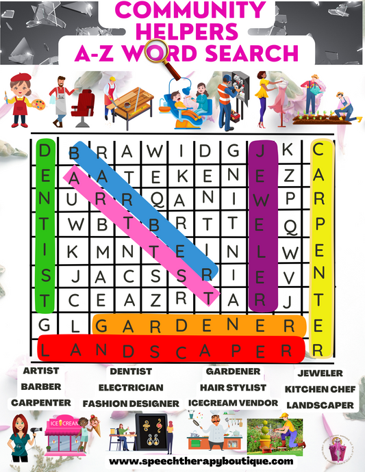 Community Helper Word Search A-Z Digital Worksheets