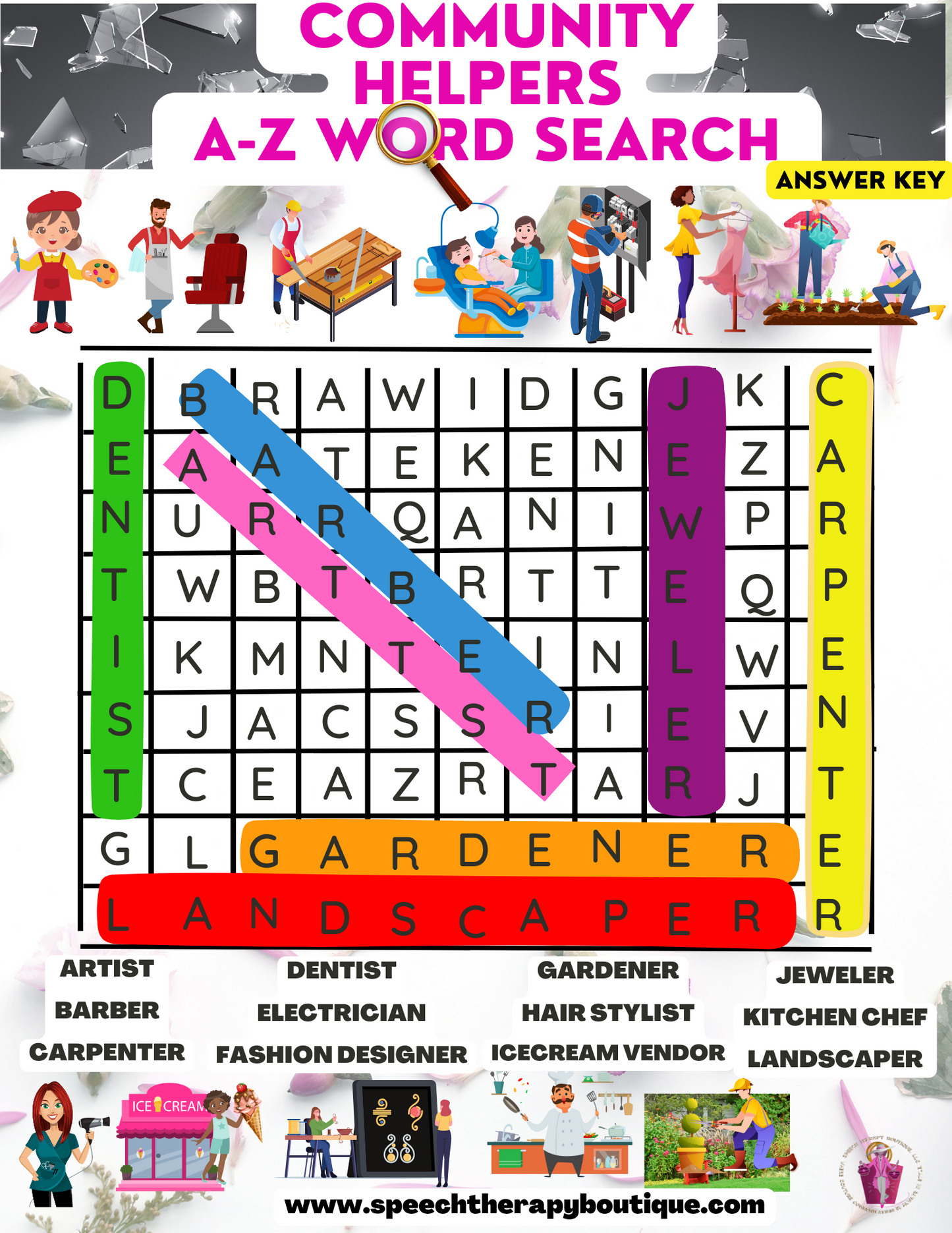 Answer Key for Community Helper Word Search A-Z (Digital Worksheets)