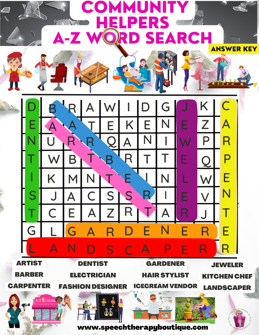 Answer Key for Community Helper Word Search A-Z (Digital Worksheets)