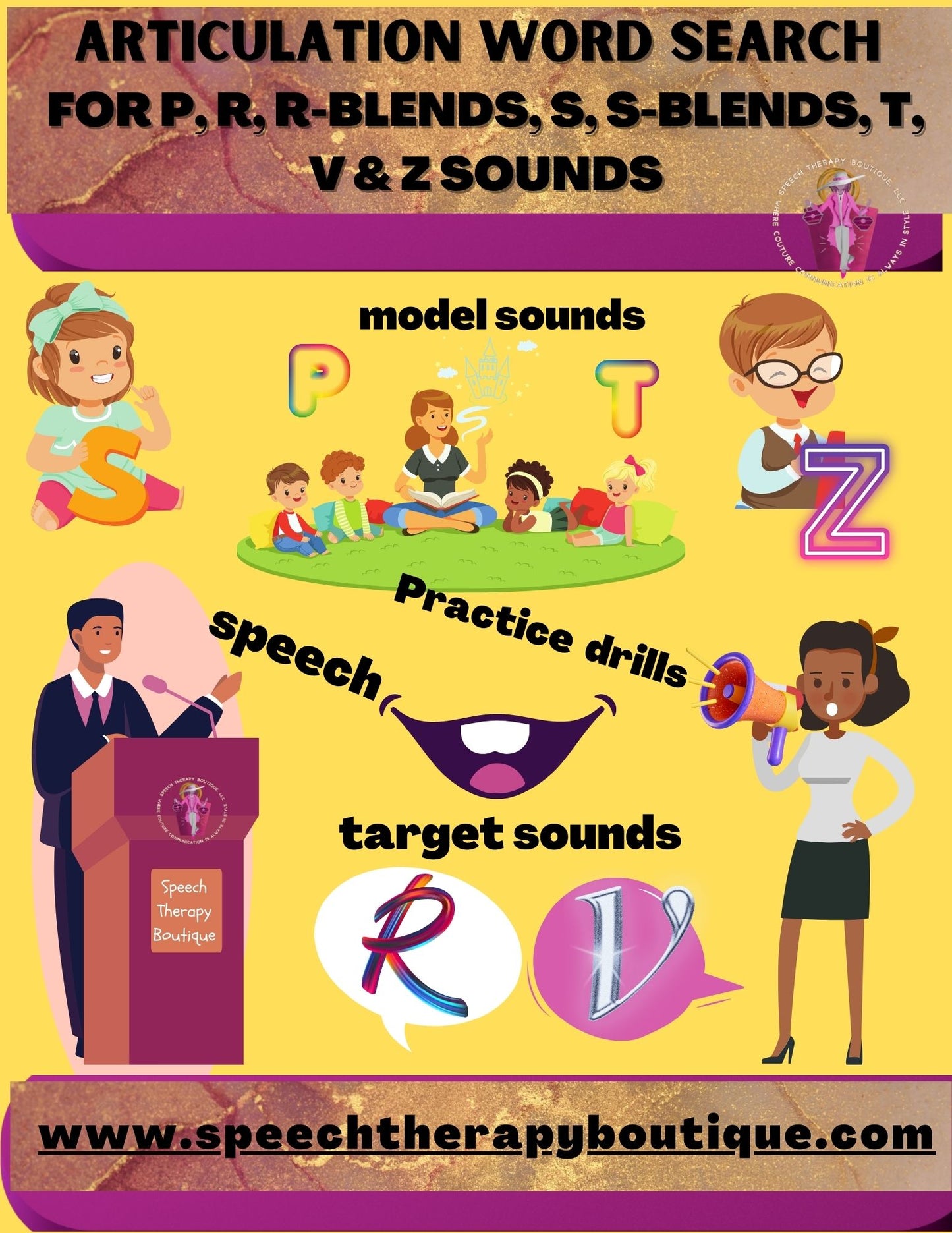 Articulation Word Search  For: P, R, R-Blends, S, S-Blends, T, V & Z Sounds