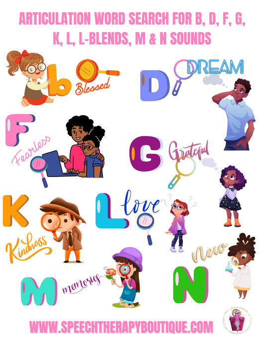 Articulation Word Search Digital Worksheets for Sounds: B, D, F, G, K, L, L-Blends, M & N