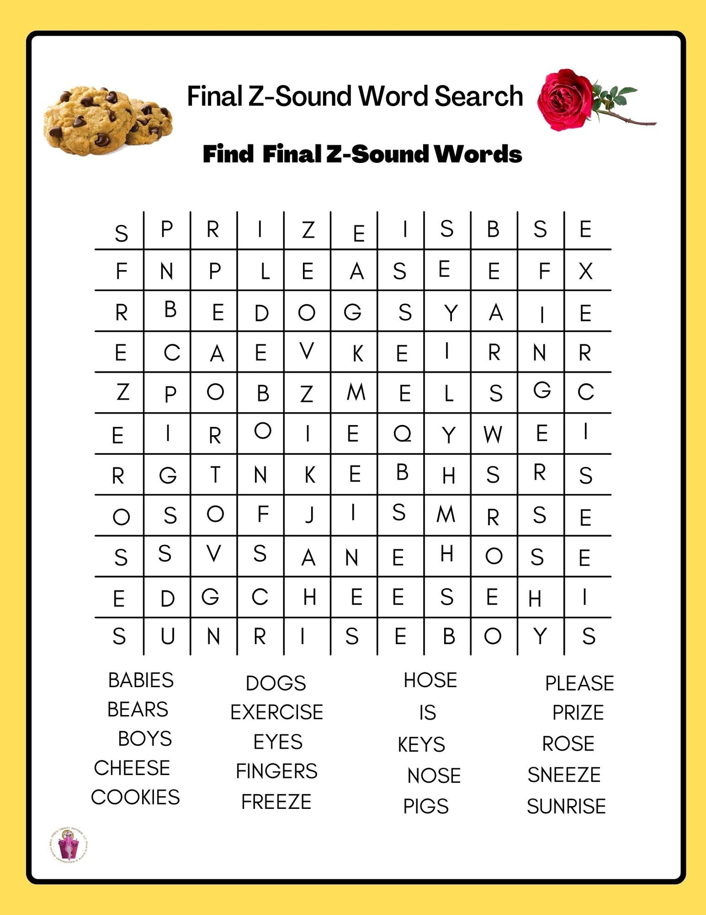 Articulation Word Search  For: P, R, R-Blends, S, S-Blends, T, V & Z Sounds